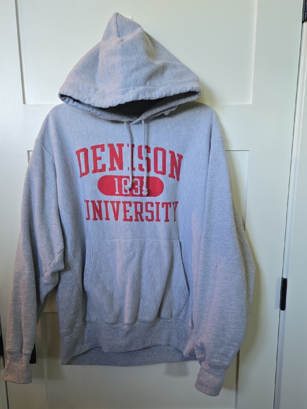 Champion Gray Hoodie with Red Denison University 1831 Print Reverse Weave - Picture 1 of 5
